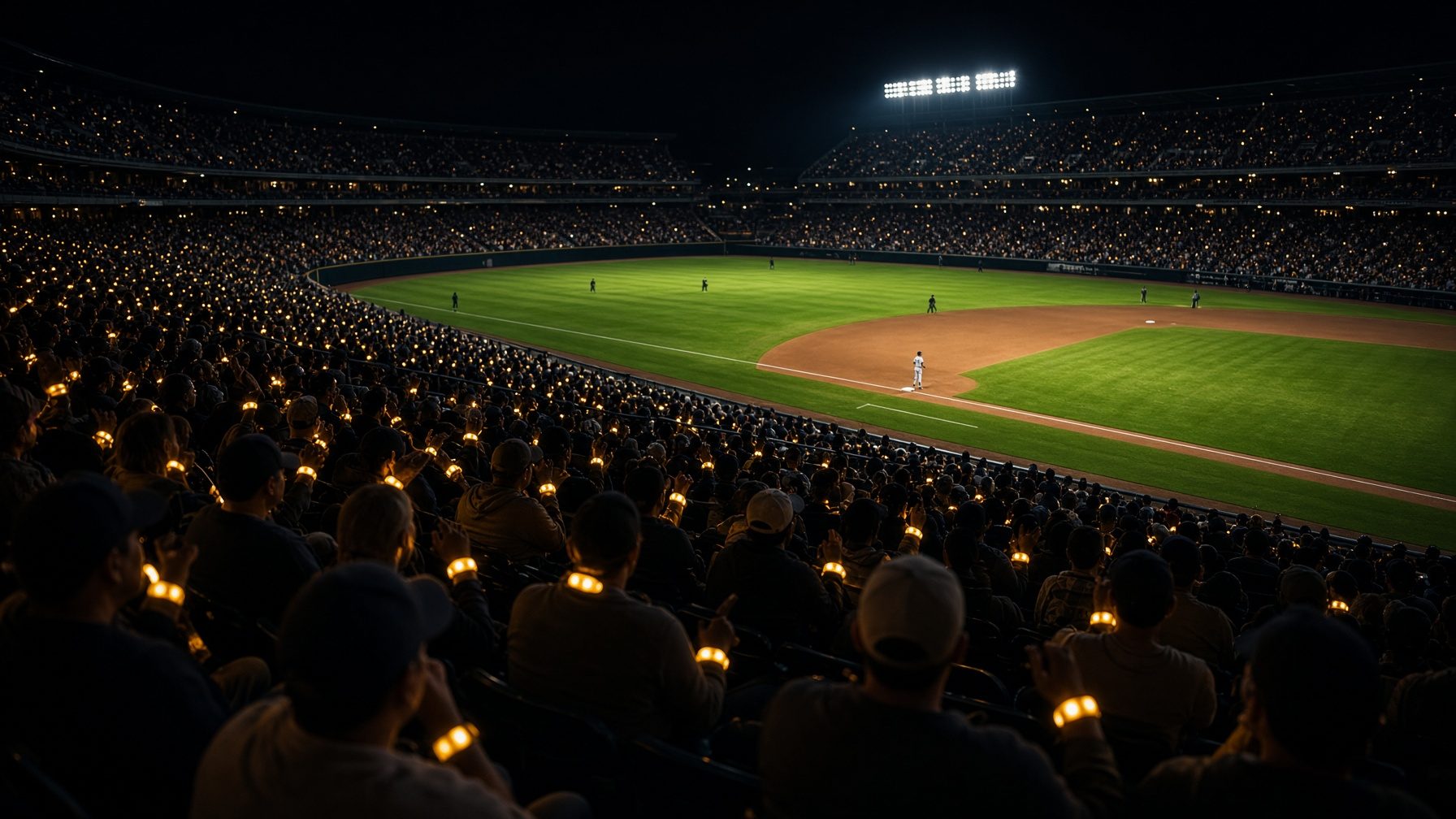 A night ballpark with the stands glowing a low amber