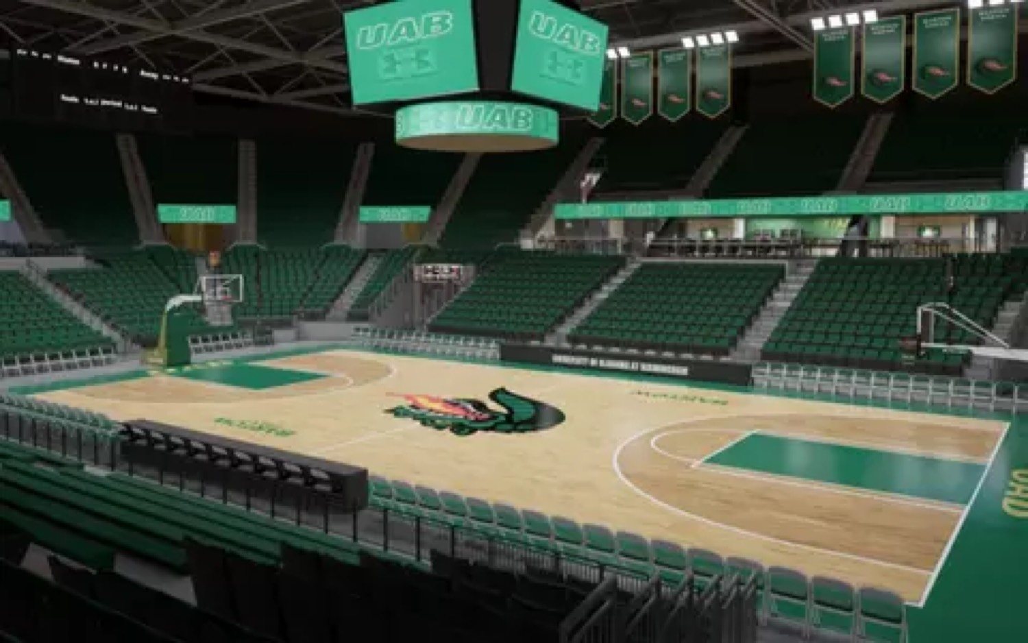 A green college basketball arena, court and empty seats under the lights