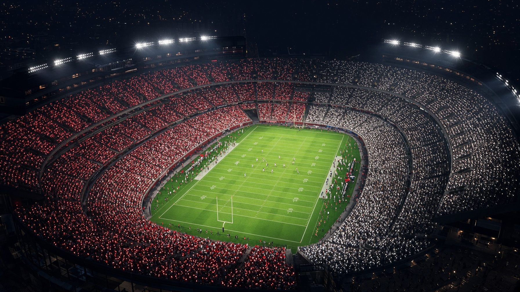 A large college football stadium split between crimson and white LED wristbands