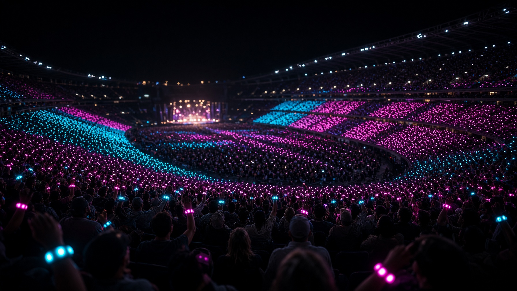 A packed stadium at night, wrists glowing in a wave of cyan and magenta